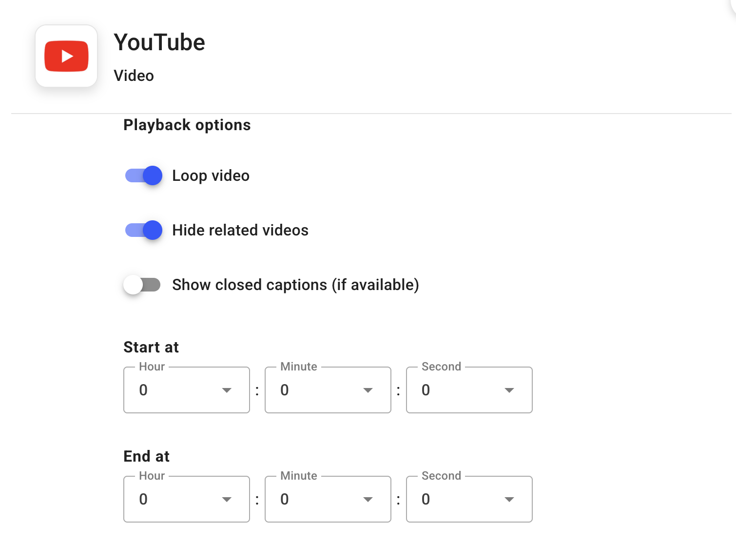 YouTube video playback options including loop, hide related videos, and closed captions settings.